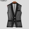 INCERUN Men Lapel Sleeveless Buttons Stitching  See Through Mesh Sheer Waistcoats