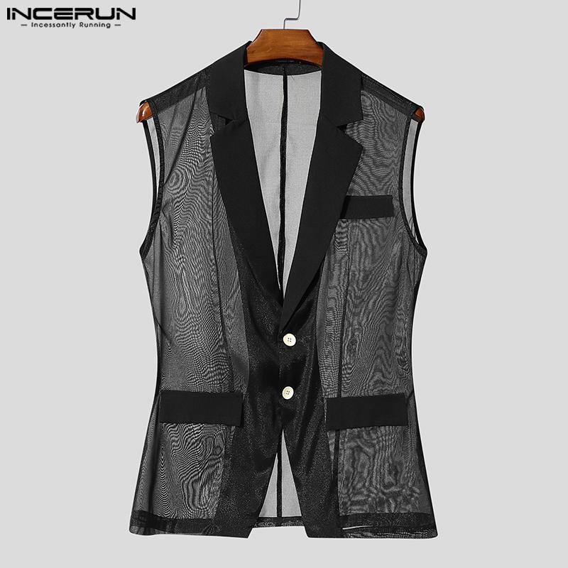 INCERUN Men Lapel Sleeveless Buttons Stitching See Through Mesh Sheer Waistcoats