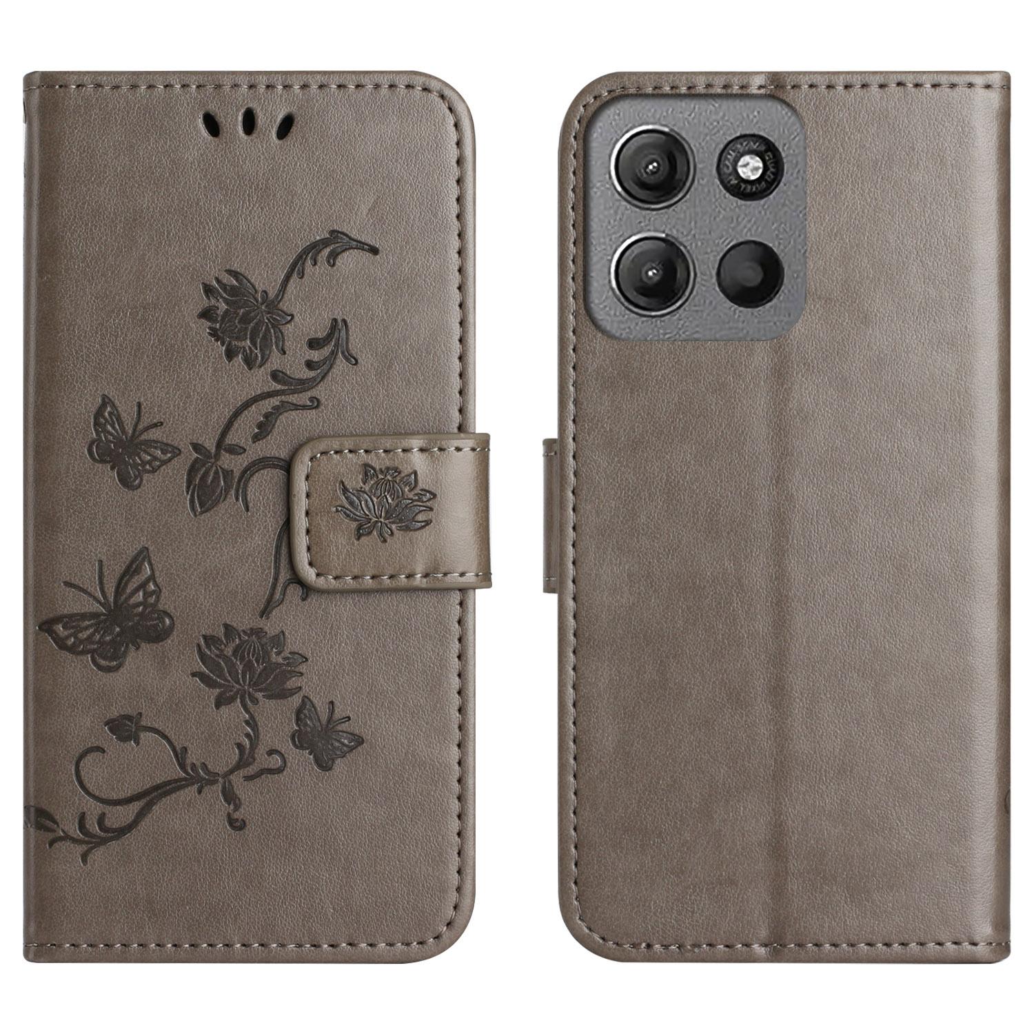 

For Motorola Moto G15 4G/G15 Power 4G Case Wallet Stand Imprinted Butterfly Flower PU Leather Phone Cover Grey