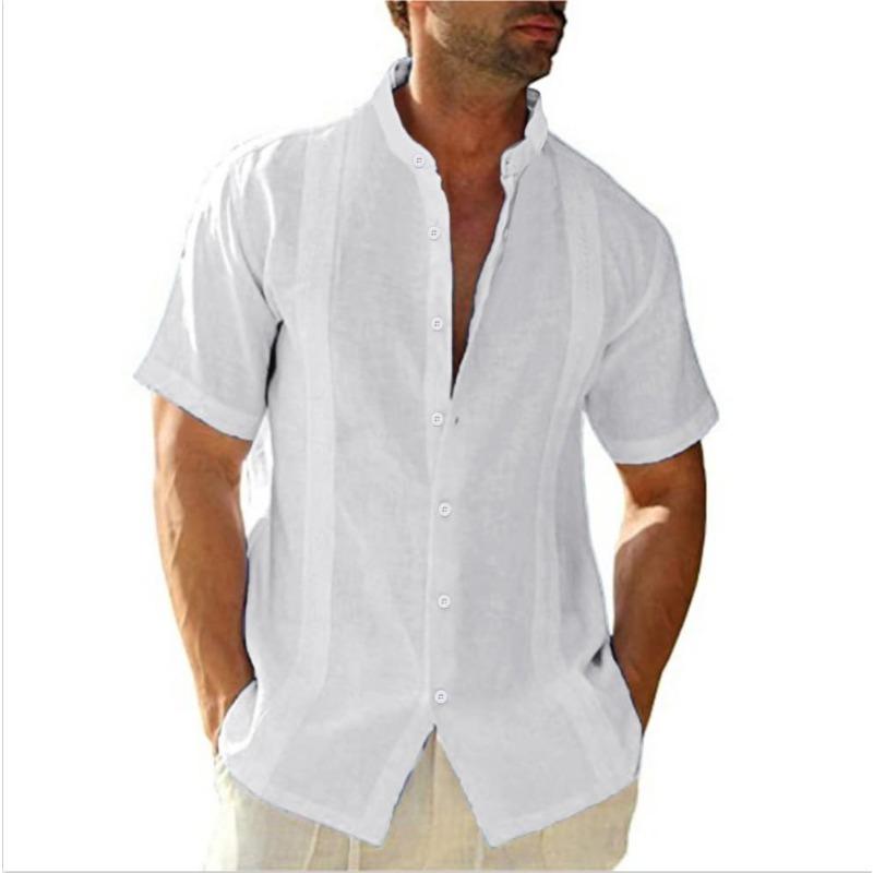 Men's Linen Shirts Short Sleeve Button Up Shirts Stand Collar Casual Summer Home Daily Shirts