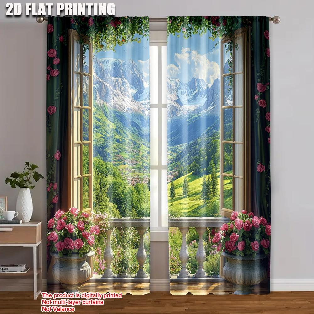 

Set Of 2 Flat Printing Window Curtains View Mountain Valley Roses Polyester Without Electricity Family Party Decoration Use Made W100*H70(CM)-Grommet top&2PCS