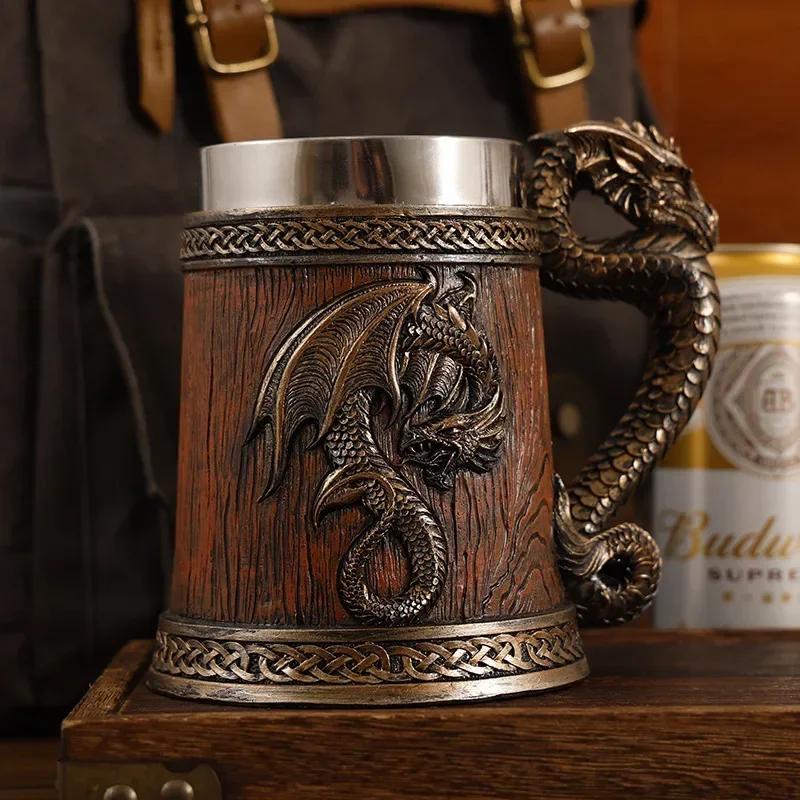 

Dragon Mug Pterosaur Cup Stainless Steel Resin Large Capacity Bar Beer Wine Coffee Milk Drinkware Retro Wooden Barrel 600ml 501-600ml