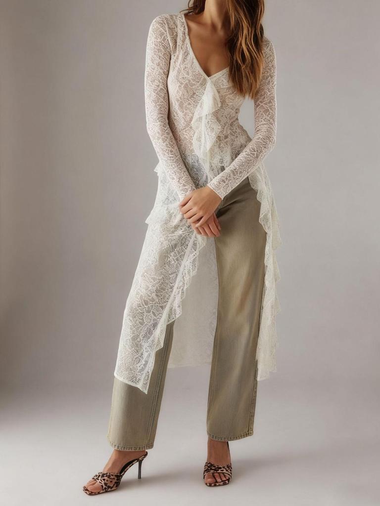 Elegant Resort-Style Lace Cover-Up Dress with Flowing Ribbons