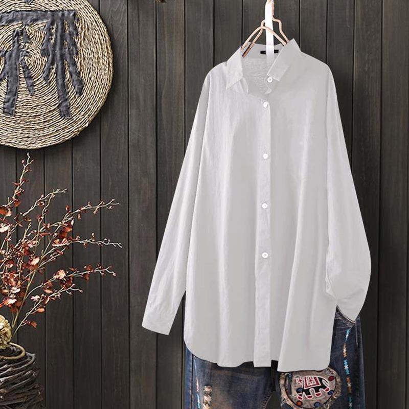 Fashion Casual Plus Size Loose Women's Shirts Button Up Long Sleeve Irregular Autumn White Blouses Women Solid Simple Office Ladies Blouse Tops 26027