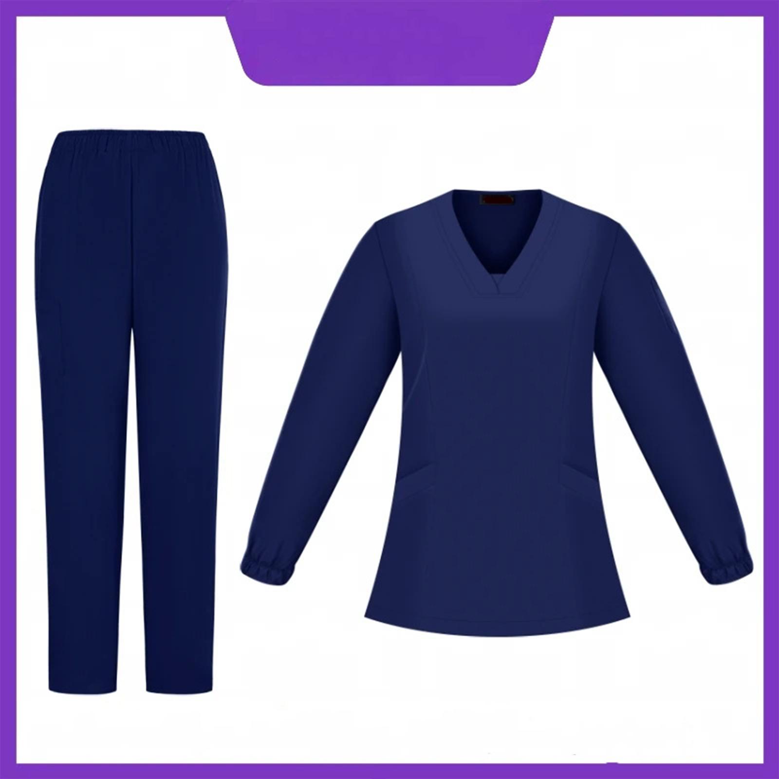 

Женский свободный и удобный рабочий костюм с V-образным вырезом и длинными рукавами, с несколькими карманами L тёмно-синий