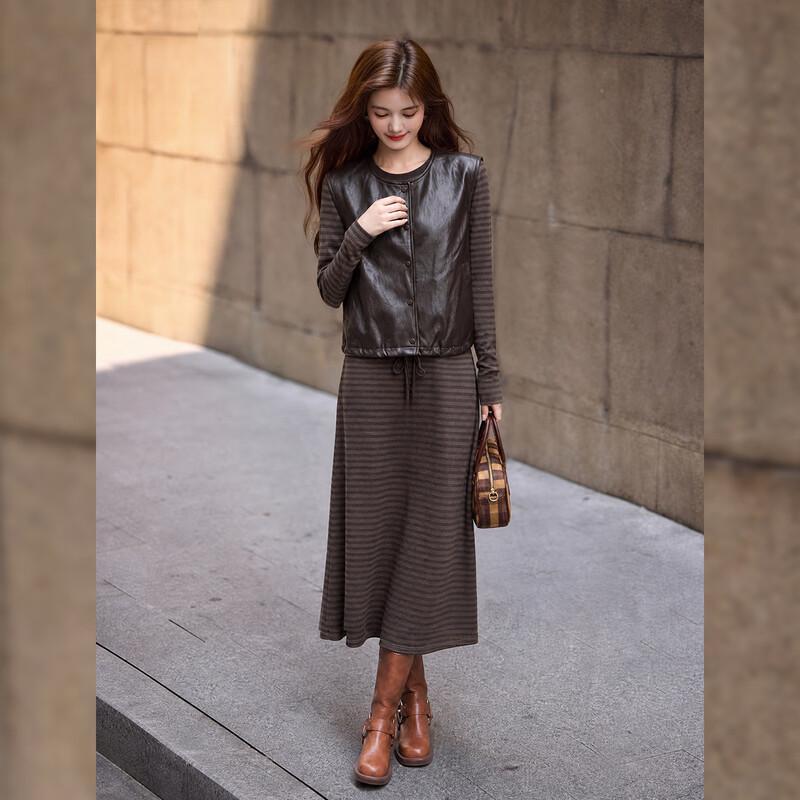 Women's Relaxed Faux Leather Vest & Striped Knit Dress Set