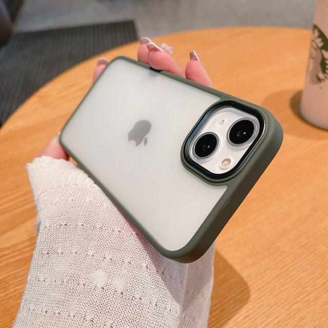 

Модный матовый полупрозрачный акриловый противоударный чехол для телефона для Iphone 14 12 11 13 Pro Max Mini Xr X Xs 7 8 Plus с металлическими линзами, боковые клавиши For iPhone 13 Mini оливковое зеленый