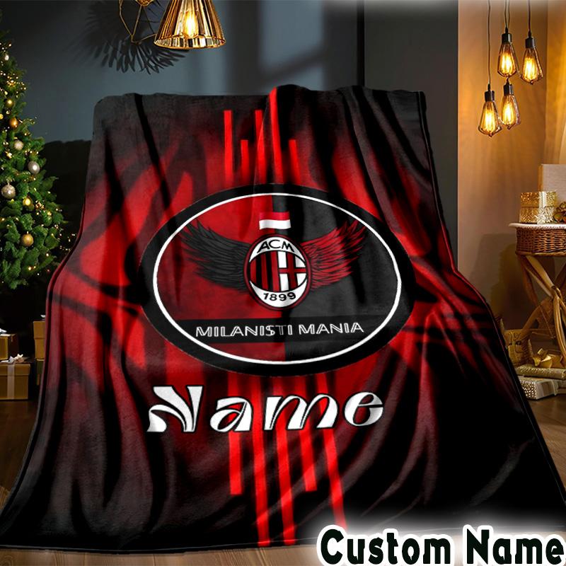 Custom Name AC-Milan Emblem Throws Blanket Flannel Blankets for Couch Bed Gifts for Men Women Picnic Blanket Christmas Fan Gifts