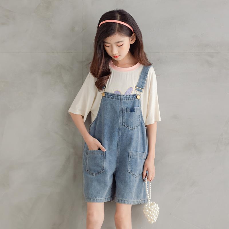 2025 Summer Kids Korean Style Thin Denim Overall Shorts - Medium & Older Girls Parent-Child Clothing 170 cm синий