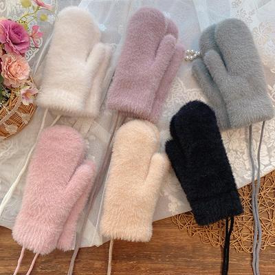 Women Winter Keep Warm Plush Solid Color Soft Full Fingers Mittens Girls Knitted Cute Gloves
