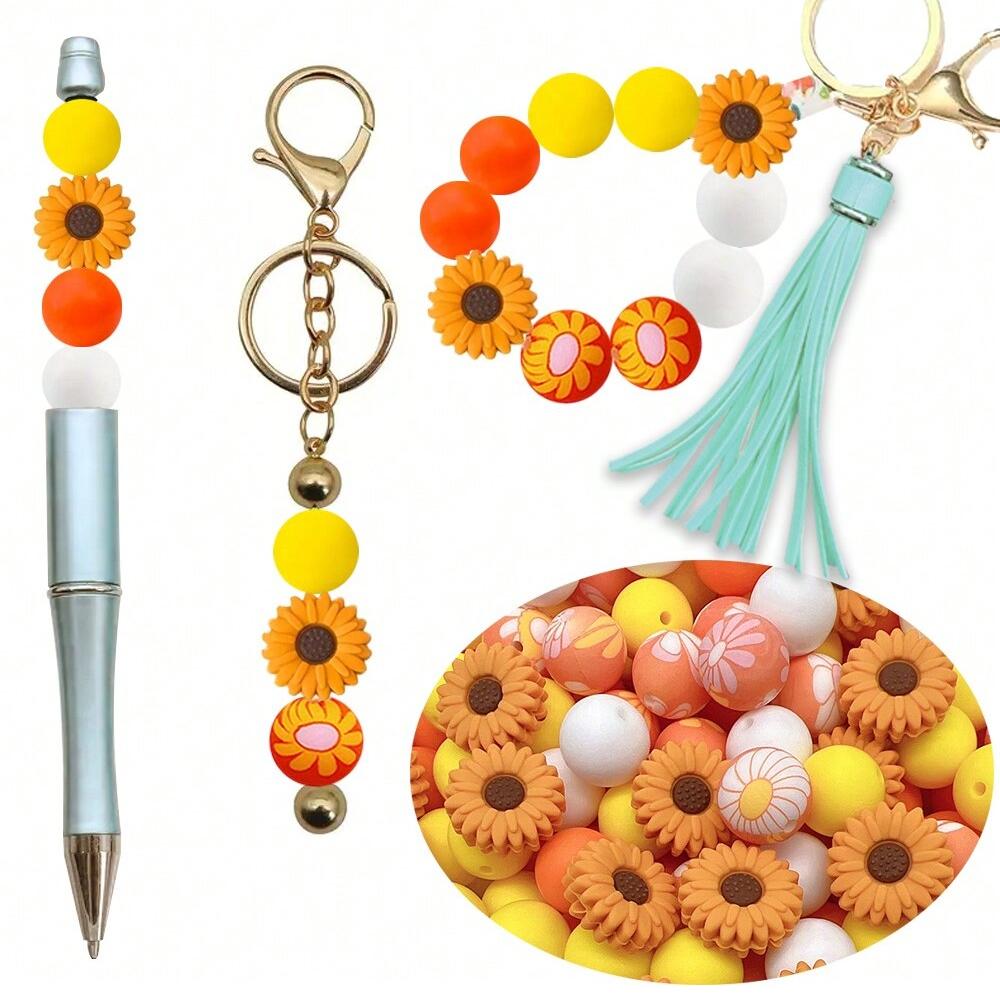 25PCS daisy and floral printed silicone bead set, punk style, suitable for DIY keychains, bracelets, bead pens