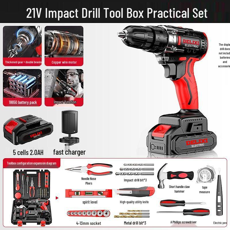 Delixi Multifunctional Lithium Battery Drill Set for Electrician & Woodworking Maintenance