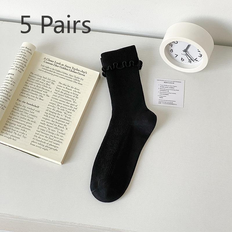 5 Pairs of Women's Spring and Summer Breathable and Versatile Black Fungus Flanged Long Tube Stack Socks