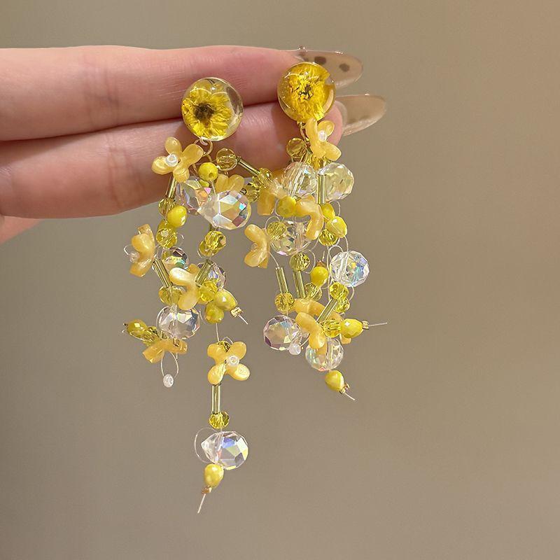 Vintage kontrastierende Blumen Perlen Quasten Ohrringe Sommer süßes Mädchen Herz Ohrringe Reise Foto Urlaubsstil Ohrringe