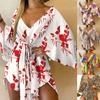 High Waist Short Dress Batwing Sleeve Irregular Hem Above Knee Length Leaf Printing Ladies Dress for Going Out
