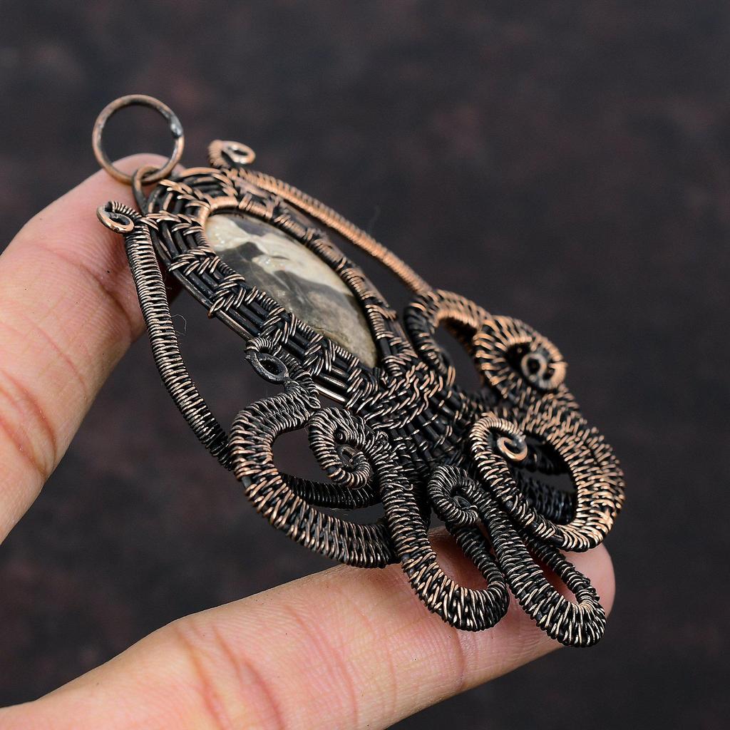 Peanut Wood Jasper Pendant Copper Wire Wrapped Pendant Gemstone Jewelry Octopus Pendant Copper Wire Jewelry Gift For Mother Handmade Pendant
