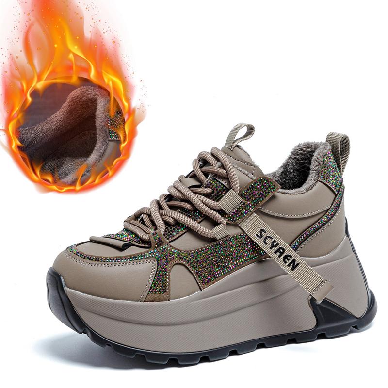 8cm Chunky Sneakers Platform Heel Women Casual Shoes Genuine Leather Comfortable Walking Shoes Warm Fur Winter Shoes