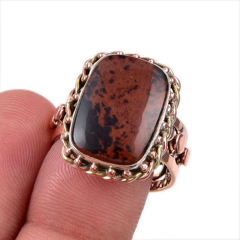

Natural Mahogany Obsidian Gemstone 925 Sterling Silver Two Tone Ring Size 8 I3P65