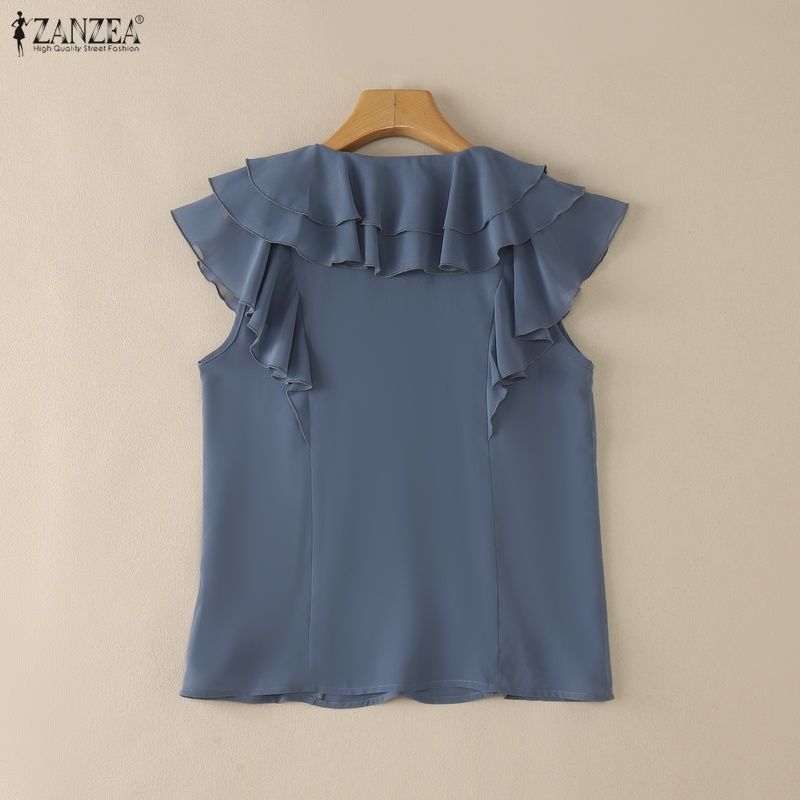 ZANZEA Women Elegant Ruffles V-neck Solid Color Sleeveless Blouse
