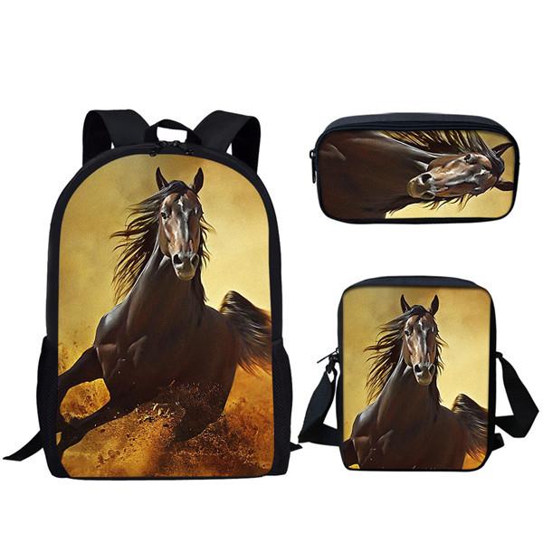 Luxury Horse Backpacks Bags 3D Print 3pcs/Set Pupil School Bags Laptop Daypack Backpack Inclined Shoulder Bag Pencil Case