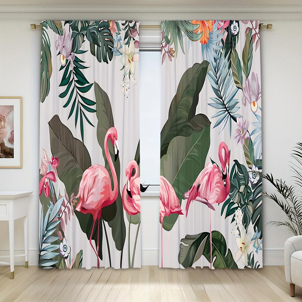 2-Piece Flamingo & Floral Print Curtains Set Rod Pocket Design Polyester  For Living Room Bedroom Kitchen Blinds Floor Window