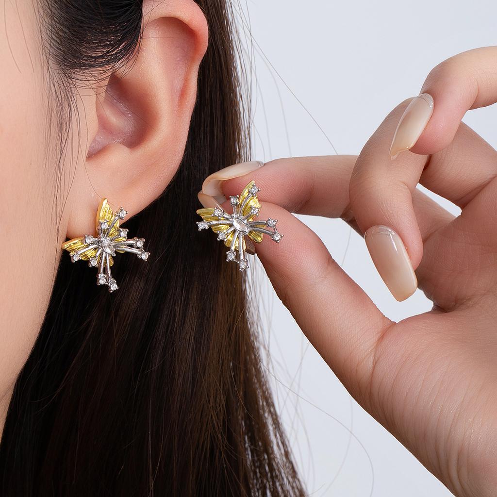 Korean Temperament Yellow Diamond-Encrusted Butterfly Stud Earrings Niche Sweet Small Fresh Earrings Women'S Light Luxury High-End Earrings