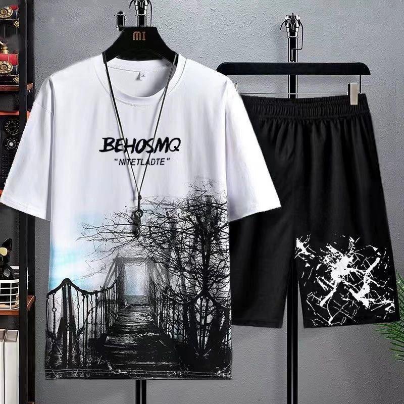 Men's Summer Tshirt Shorts 2 Pieces Set Tracksuit Men's Letters Print Vintage Streetwear Creative Pattern Men Sets Short Outfits