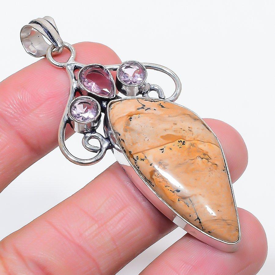 Natural Picture Jasper, Kunzite 925 Sterling Silver Jewelry Pendant 2.72" C1M65