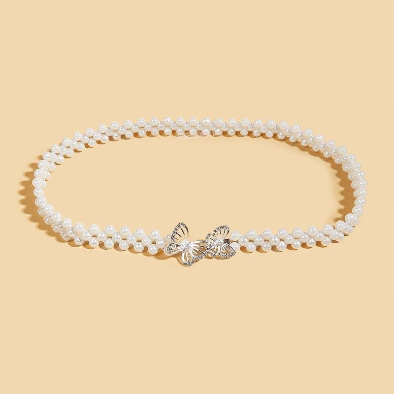 

Meier Pearl waist chain - women s double butterfly buckle elastic slim belt - stretch waist cincher 60-80cm білий