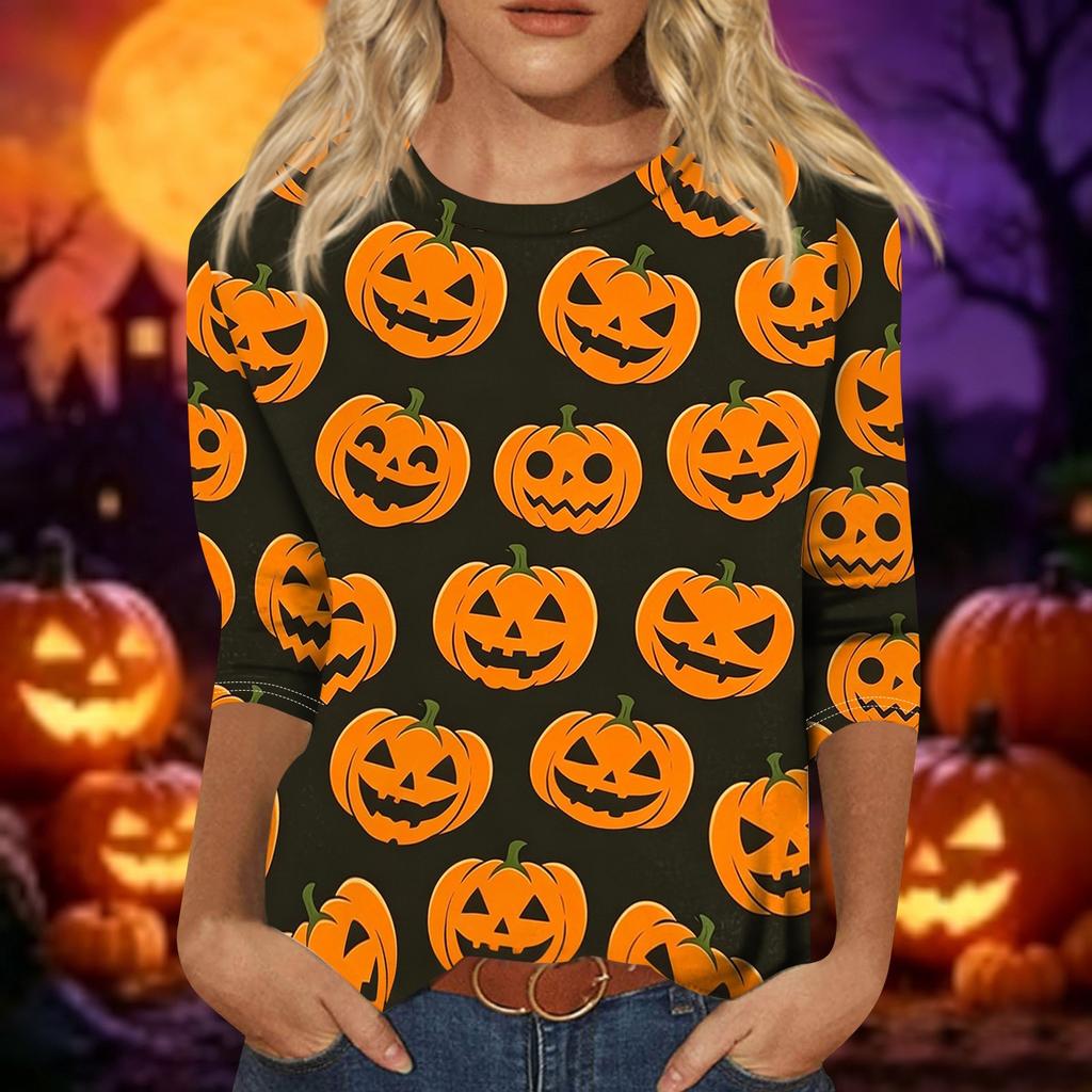 Women's Casual Halloween Print Top Three Quarter Sleeve Crew Neck Shirt Lightweight Comfortable Fit Seasonal Design
