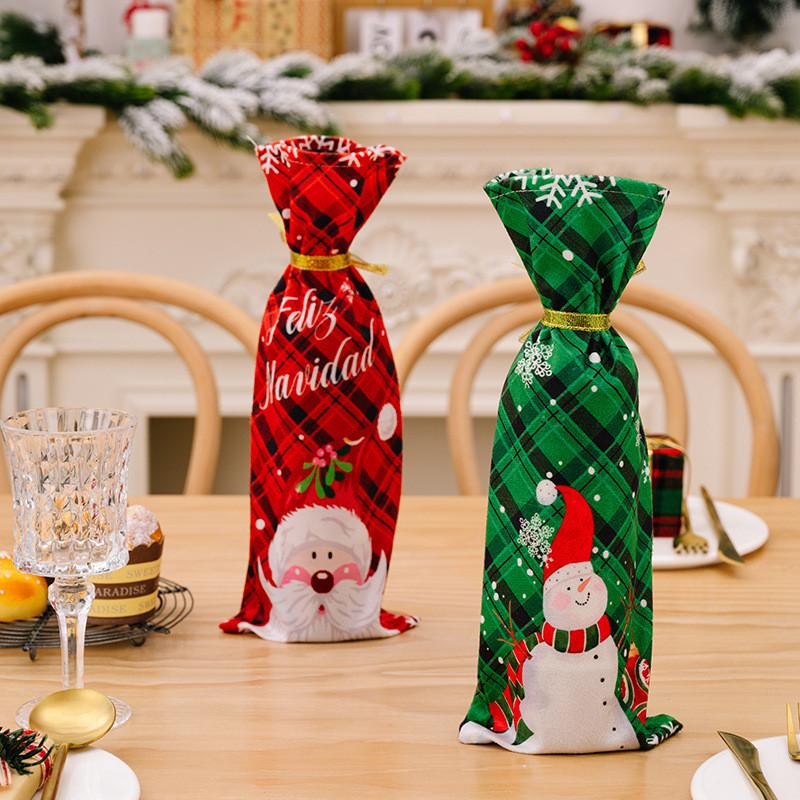 Festive Red Green Checkered Snowman Wine Bottle Cover Perfect For Decor Christmas