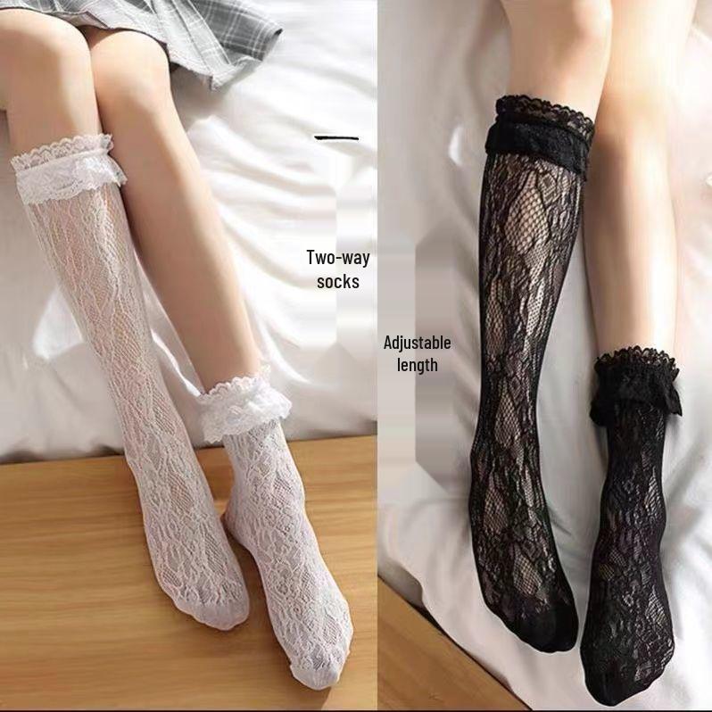 

Women s Lace Trim Lolita White Floral Mid-Calf Socks One Size белый