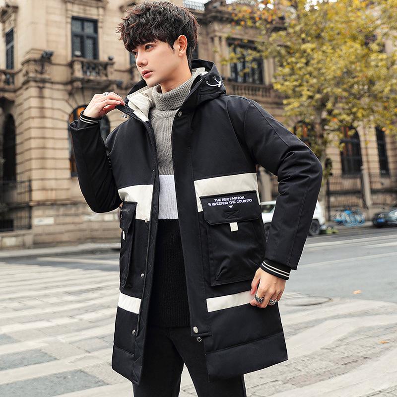

2025 New Hooded Down Jacket Men s Winter Trend Mid-Length Cargo Down Jacket Teenagers Thicken and Warm M чёрный