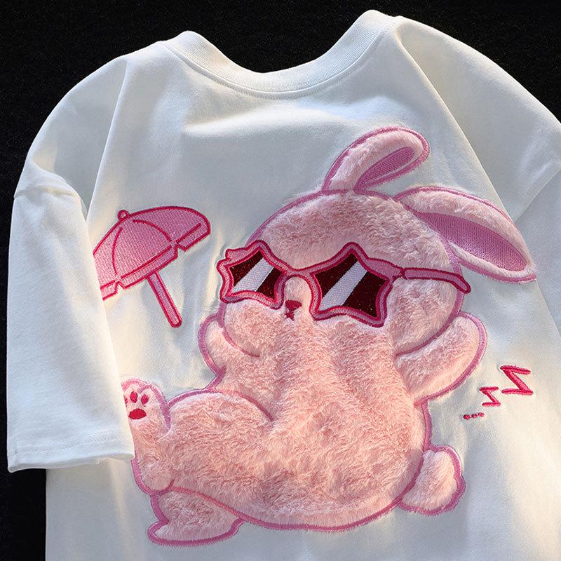 

Женская ретро милая футболка с коротким рукавом и флокированным кроликом - Летний парный топ из чистого хлопка XXL белый