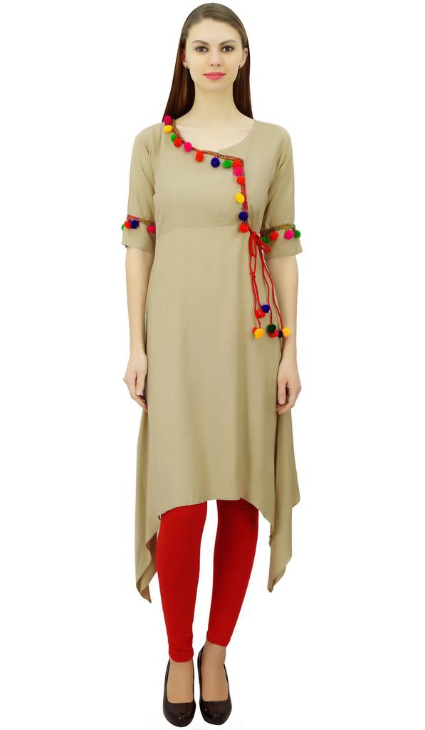 Phagun Angrakha Style Rayon Womens Tunic Kurta Pom-Pom Designer Kurti Top Indian