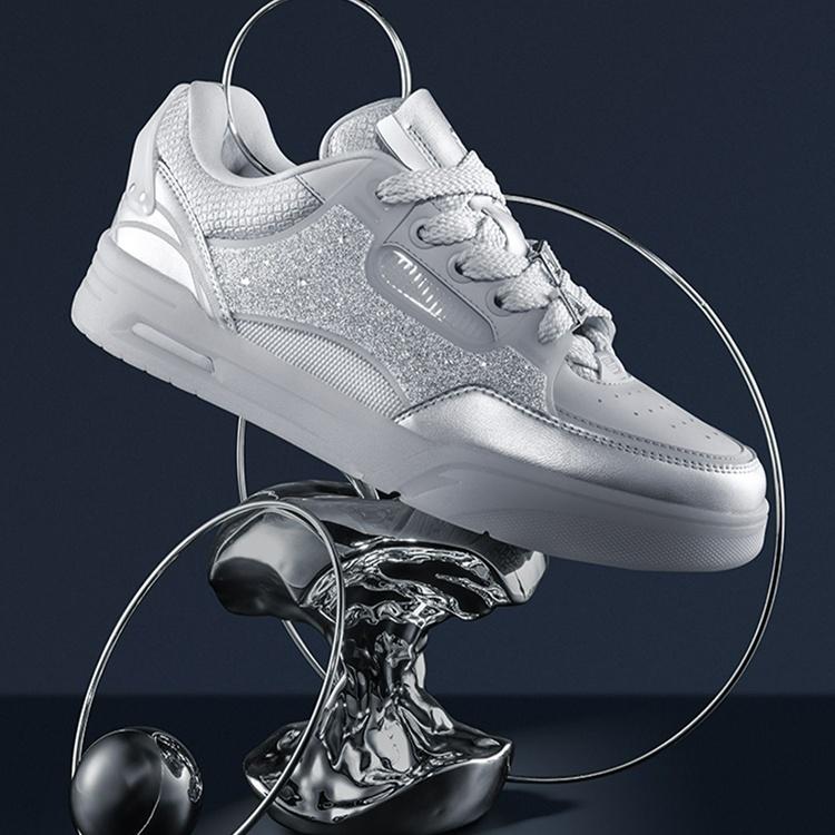 Anta AOJIE Sparkling Slip Resistant Height Increasing Low top Skateboard Shoes Women's Gray Silver 122438040X-1