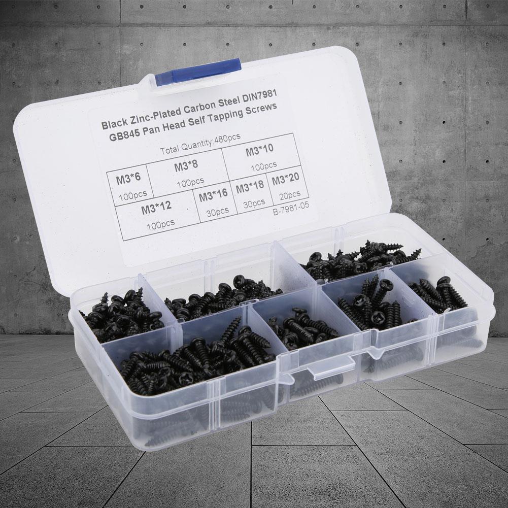 480Pcs Self Tapping Screw Pan Round Head Carbon Steel Fittings M3 Black Nickel Plating(Carbon Steel Black )