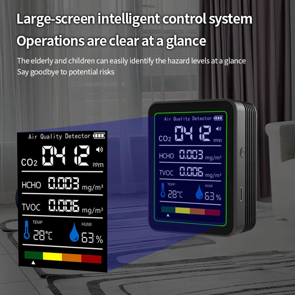 5 In 1 Digital Air Quality Monitor CO2 HCHO TVOC Humidity and Temperature Monitor CO2 Tester for Home Office LCD Rechargeable