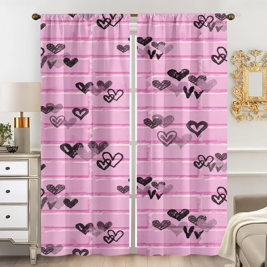 2PCS pink black heart-shaped curtains   artistic style   bedroom and living room   decorative curtains with drawbar pockets
