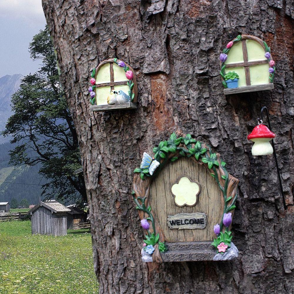 

4pcs Cute Doors and Windows Tree Hanging Creative Miniature Figurines Sculptures Lawn Style 3