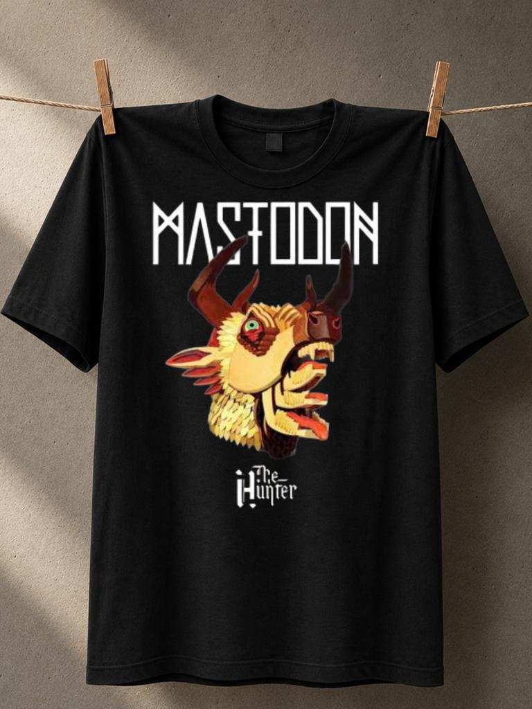 Mastodon The Hunter Fantasy Horned Creature Head Illustration With Angular Band Lettering Dark Unisex All TShirt