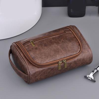 With Handle Men Toiletry Bag PU Leather Makeup Bag Retro Cosmetic Storage Bag Bathroom