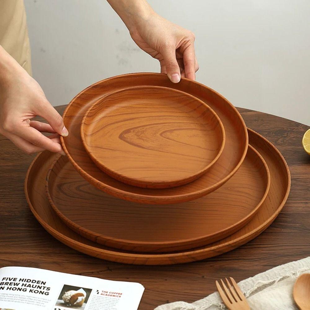 1 Stück Neu 20/26/32/38cm Imitation Holztablett Rund Handgefertigt Wasserbecher Tablett Kunststoff Geschirr Teller Heimgebrauch