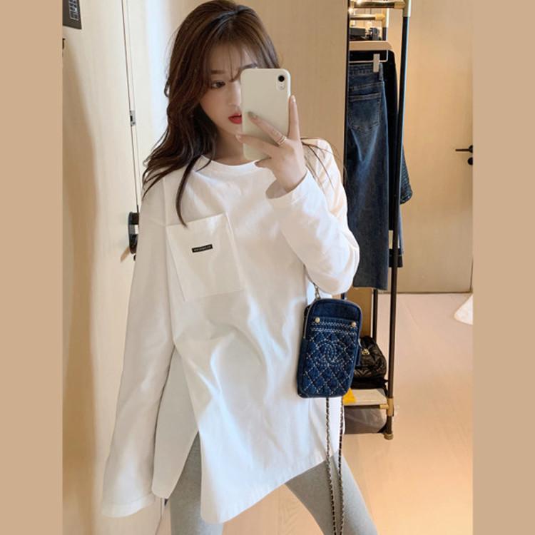 

Футболка с длинными рукавами из чистого хлопка, универсальная базовая рубашка, осенне-зимний новый белый топ средней длины для улицы XXL белый