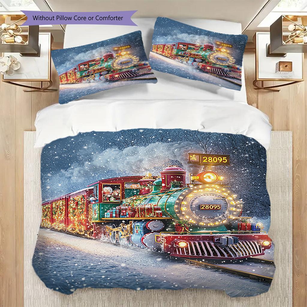 Train Pattern Bedding Quilt Set Quilt Cover Pillowcase Home Decoration Birthday Gift (1 * duvet cover + 2 * pillowcase, without core)