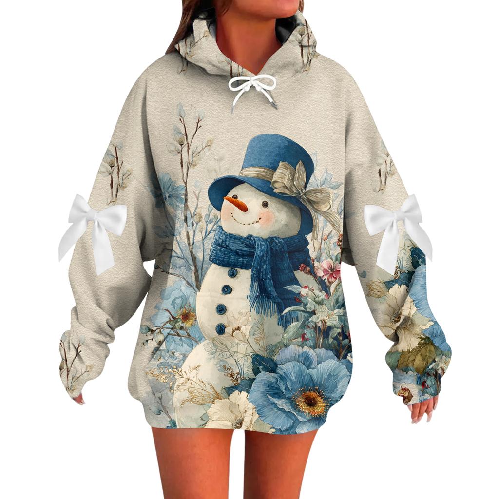 Ladies' Christmas Printed Bow Long Sleeved Loose Fitting Headband With Rope Hooded Sweatshirt Top