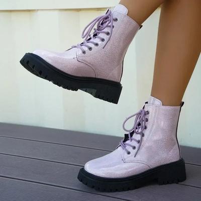 Fashion PU Square Heel  Ankle Boots  Autumn New Shoes Female Lace-up Round Toe Low Heel Solid Women's Boots  Women Shoes