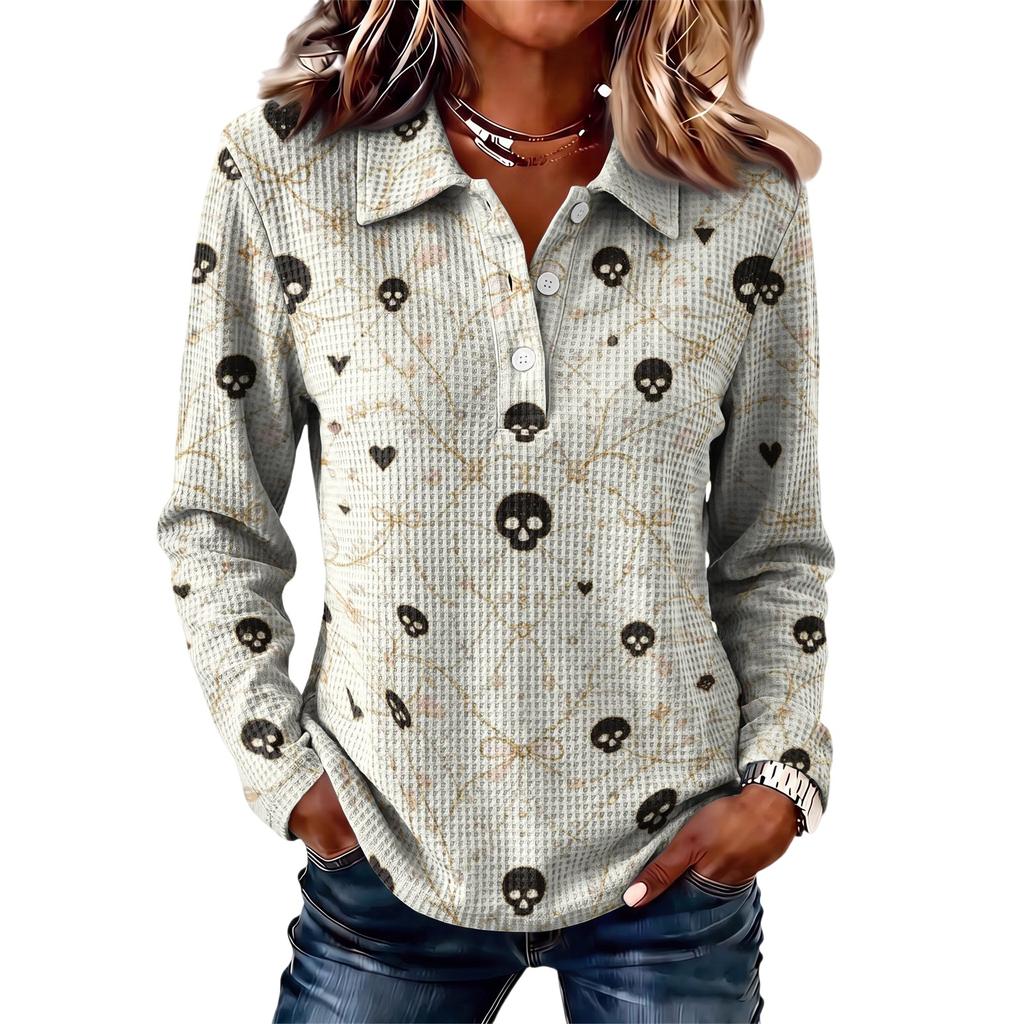 Women's Halloween Print Knit Long Sleeve Top with Lapel Collar
