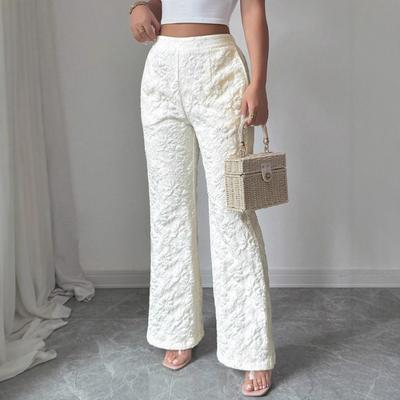 Pantalon Fashion Taille Mi-haute Femme Jacquard Pantalon Décontracté Blanc Pantalon à Fleurs Trois-dimensionnelles Français Femme