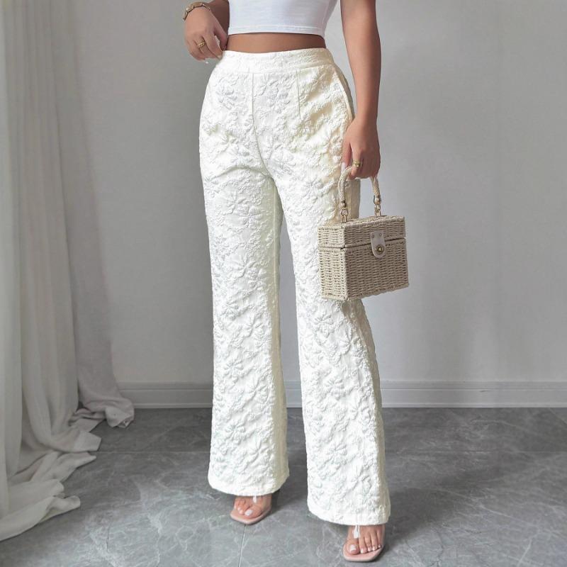 Fashion Mid-waist Trousers Women's Jacquard Casual Pants White French Three-dimensional Flower Pants Women